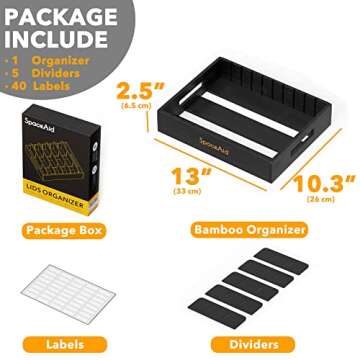 SpaceAid Bamboo Lid Organizer, Kitchen Pantry Lids Holder with 5 Adjustable Dividers for Cabinets, Food Storage Container Organizers, Black