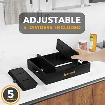 SpaceAid Bamboo Lid Organizer, Kitchen Pantry Lids Holder with 5 Adjustable Dividers for Cabinets, Food Storage Container Organizers, Black