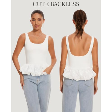 DIKGROP Backless Tank Tops for Women Ruffle Hem Sleeveless Backless Top Fashion Solid Summer Crop Tank Top White