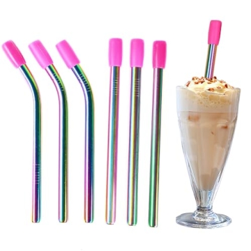 Amsthow Reusable Straws Boba Metal Straws with Silicone Tips and Cleaning Brushes Smoothie Straws fo...