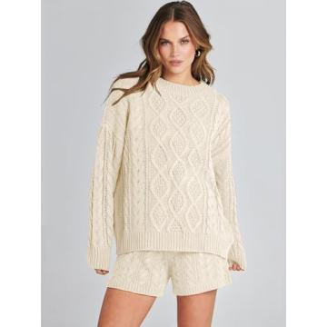 ANRABESS Women Cable Knit Loungewear Set Beige