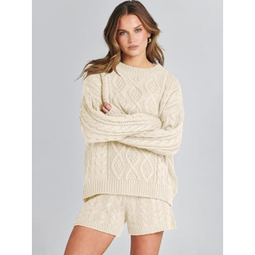 ANRABESS Women Cable Knit Loungewear Set Beige