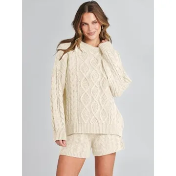 ANRABESS Women Cable Knit Loungewear Set Beige