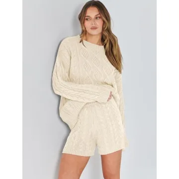 ANRABESS Women Cable Knit Loungewear Set Beige