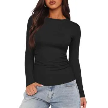 Darong Women's Long Sleeve Crew Neck Tops Casual Ruched Side Slim Fit Basic T Shirts Tee 9067 Black L