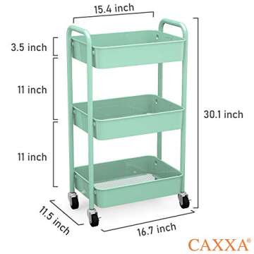 CAXXA 3-Tier Rolling Metal Storage Organizer - Mobile Utility Cart, Kitchen Cart with Caster Wheels (Aqua Green)