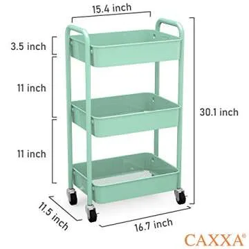 CAXXA 3-Tier Rolling Metal Storage Organizer - Mobile Utility Cart, Kitchen Cart with Caster Wheels ...
