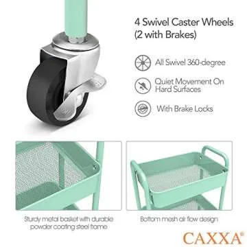 CAXXA 3-Tier Rolling Metal Storage Organizer - Mobile Utility Cart, Kitchen Cart with Caster Wheels (Aqua Green)