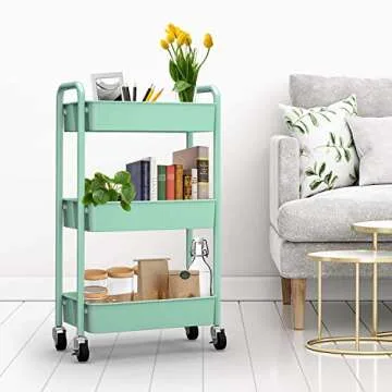 CAXXA 3-Tier Rolling Metal Storage Organizer - Mobile Utility Cart, Kitchen Cart with Caster Wheels (Aqua Green)
