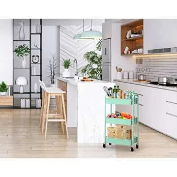 CAXXA 3-Tier Rolling Metal Storage Organizer - Mobile Utility Cart, Kitchen Cart with Caster Wheels (Aqua Green)