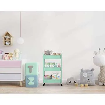 CAXXA 3-Tier Rolling Metal Storage Organizer - Mobile Utility Cart, Kitchen Cart with Caster Wheels (Aqua Green)