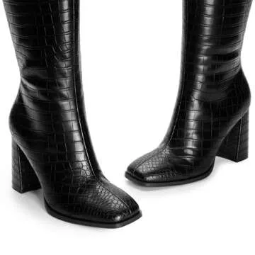 DREAM PAIRS Women's Knee High Boots Square Toe Gogo Boots Chunky Heel Boots with Side Zip Fashion Tall Boots For Women,Size 8.5,BLACK-CROCO,SDKB2407W