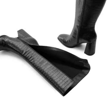 DREAM PAIRS Women's Knee High Boots Square Toe Gogo Boots Chunky Heel Boots with Side Zip Fashion Tall Boots For Women,Size 8.5,BLACK-CROCO,SDKB2407W