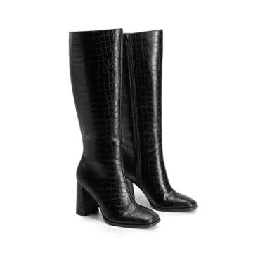 DREAM PAIRS Women's Knee High Boots Square Toe Gogo Boots Chunky Heel Boots with Side Zip Fashion Tall Boots For Women,Size 8.5,BLACK-CROCO,SDKB2407W