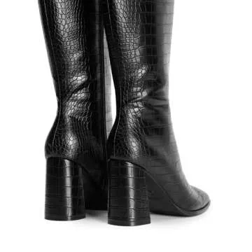DREAM PAIRS Women's Knee High Boots Square Toe Gogo Boots Chunky Heel Boots with Side Zip Fashion Tall Boots For Women,Size 8.5,BLACK-CROCO,SDKB2407W
