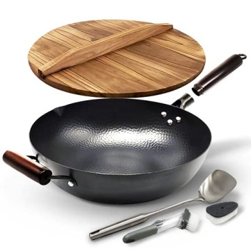 HOME EC Carbon Steel Wok Pan With Lid, Stir Fry Wok Set, Steel Spatula, and Cleaning Brush - Non-Sti...