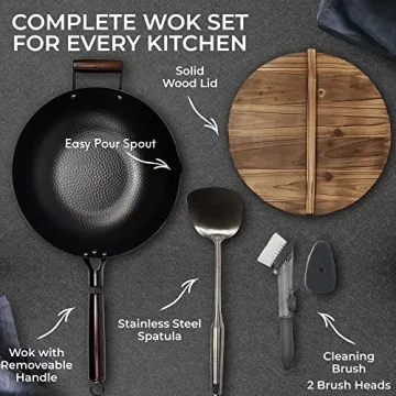 HOME EC Carbon Steel Wok Pan with Lid and Cooking Accessories