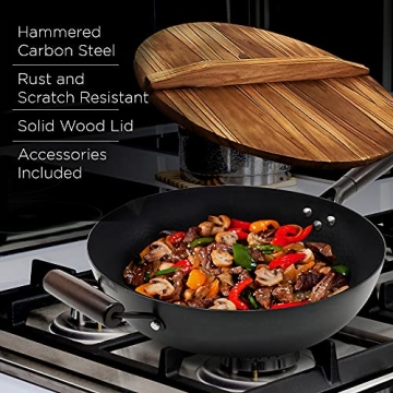 HOME EC Carbon Steel Wok Pan with Lid and Cooking Accessories
