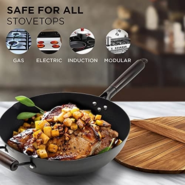 HOME EC Carbon Steel Wok Pan with Lid and Cooking Accessories