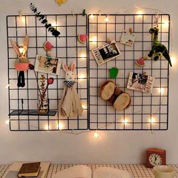 GBYAN 2 Pack Wire Wall Grid Panels with Lights and Clips, Large Photo Board for Picture Display, Wal...