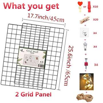 GBYAN 2 Pack Wire Wall Grid Panels with Lights and Clips, Large Photo Board for Picture Display, Wall Organizer Grid Wall Shelf Room Decoration for Home, Office