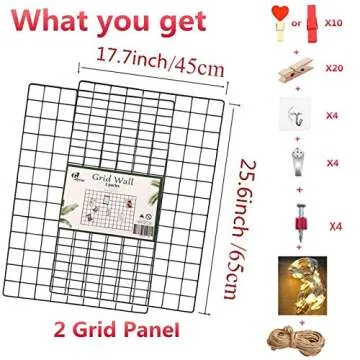 GBYAN 2 Pack Wire Wall Grid Panels with Lights and Clips, Large Photo Board for Picture Display, Wall Organizer Grid Wall Shelf Room Decoration for Home, Office