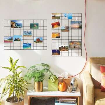 GBYAN 2 Pack Wire Wall Grid Panels with Lights and Clips, Large Photo Board for Picture Display, Wall Organizer Grid Wall Shelf Room Decoration for Home, Office