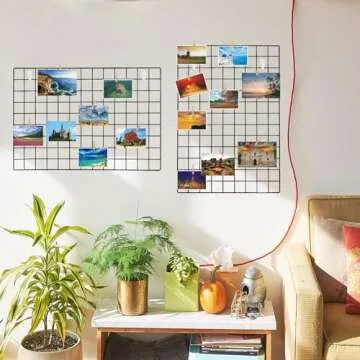 GBYAN 2 Pack Wire Wall Grid Panels with Lights and Clips, Large Photo Board for Picture Display, Wall Organizer Grid Wall Shelf Room Decoration for Home, Office