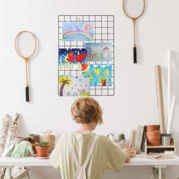 GBYAN 2 Pack Wire Wall Grid Panels with Lights and Clips, Large Photo Board for Picture Display, Wall Organizer Grid Wall Shelf Room Decoration for Home, Office