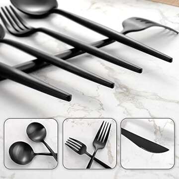Matte Black Silverware Set for 4, IBIILII JEFF 20 Pieces Stainless Steel Flatware Set，Kitchen Utensil Set, Tableware Cutlery Set, Knife Spoons And Forks Set, Satin Finished Polished & Dishwasher Safe
