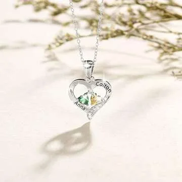 Custom Silver Heart Name Necklace with Birthstones