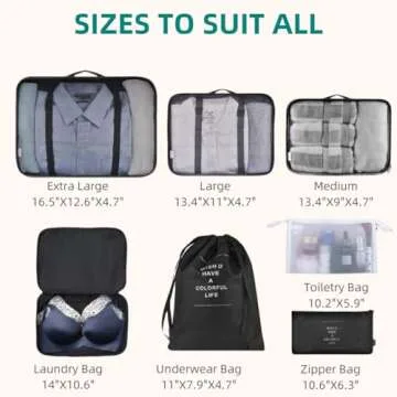 Packing Cubes 7 Pcs Travel Luggage Packing Organizers Set with Toiletry Bag (Black)