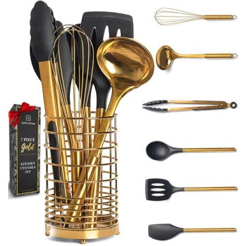 Black and Gold Kitchen Utensils Set with Holder - 7PC Gold Cooking Utensils Set Includes Gold Utensi...