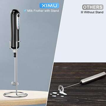 XIMU Milk Frother Handheld, USB Rechargeable 3 Speeds Mini Electric Milk Foam Maker Blender Mixer for Coffee, Latte, Cappuccino, Hot Chocolate, Egg Whisks & Stainless Steel Stand Included