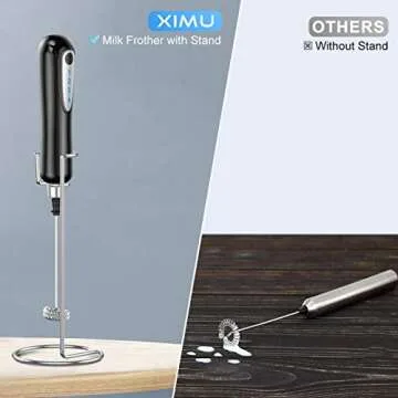 XIMU Milk Frother Handheld, USB Rechargeable 3 Speeds Mini Electric Milk Foam Maker Blender Mixer for Coffee, Latte, Cappuccino, Hot Chocolate, Egg Whisks & Stainless Steel Stand Included