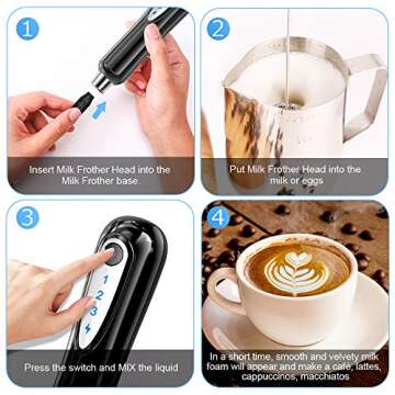 XIMU Milk Frother Handheld, USB Rechargeable 3 Speeds Mini Electric Milk Foam Maker Blender Mixer for Coffee, Latte, Cappuccino, Hot Chocolate, Egg Whisks & Stainless Steel Stand Included