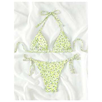 MakeMeChic Women's Triangle Halter Top & Tie Side Thong 2 Piece Bikini Sexy Swimsuit