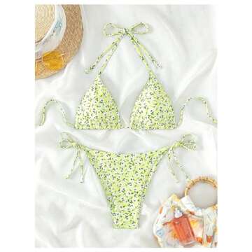 MakeMeChic Women's Triangle Halter Top & Tie Side Thong 2 Piece Bikini Sexy Swimsuit