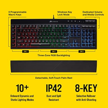 Corsair K55 RGB Gaming Keyboard - RGB, Macro Keys, Water Resistant