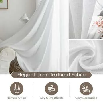 Melodieux White Semi Sheer Curtains 108 Inches Long for Living Room Bedroom, Extra Long Linen Look Rustic Light Filtering Shiny Sheer Drapes Curtains Rod Pocket, 52" W x 108" L, 2 Panels