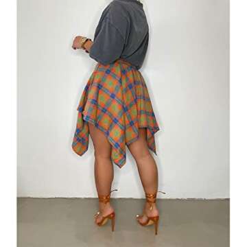 Wryran Women's Plaid Pleated Skirt High Waist Casual Skater Skirt Cute Mini A Line Skirt Hem Flowy Asymmetrical Skirts Flare Orange Blue