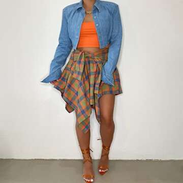 Wryran Women's Plaid Pleated Skirt High Waist Casual Skater Skirt Cute Mini A Line Skirt Hem Flowy Asymmetrical Skirts Flare Orange Blue