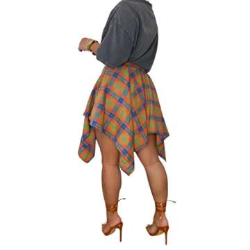 Wryran Women's Plaid Pleated Skirt High Waist Casual Skater Skirt Cute Mini A Line Skirt Hem Flowy Asymmetrical Skirts Flare Orange Blue