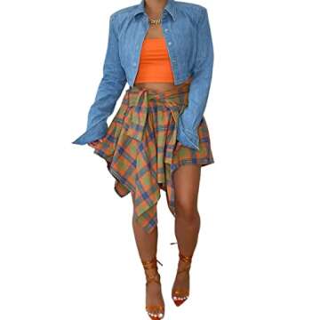 Wryran Women's Plaid Pleated Skirt High Waist Casual Skater Skirt Cute Mini A Line Skirt Hem Flowy Asymmetrical Skirts Flare Orange Blue