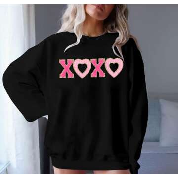 MYHALF Valentines Day Sweatshirt Valentine Shirts: Womens Oversized Embroidered Crewneck Tops Holiday Long Sleeve Outfits Black