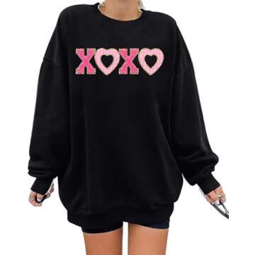 MYHALF Valentines Day Sweatshirt Valentine Shirts: Womens Oversized Embroidered Crewneck Tops Holiday Long Sleeve Outfits Black