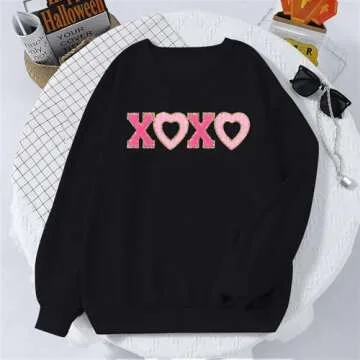MYHALF Valentines Day Sweatshirt Valentine Shirts: Womens Oversized Embroidered Crewneck Tops Holiday Long Sleeve Outfits Black