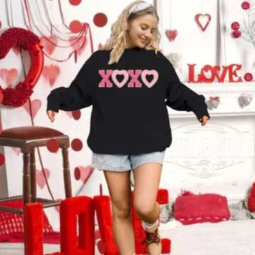 MYHALF Valentines Day Sweatshirt Valentine Shirts: Womens Oversized Embroidered Crewneck Tops Holiday Long Sleeve Outfits Black