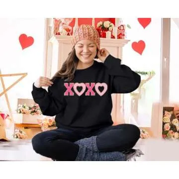 MYHALF Valentines Day Sweatshirt Valentine Shirts: Womens Oversized Embroidered Crewneck Tops Holiday Long Sleeve Outfits Black