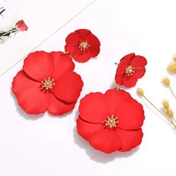 CEALXHENY Flower Dangle Earrings Boho Layered Floral Petal Drop Earrings Statement Stud Earring for Women (A-Red)